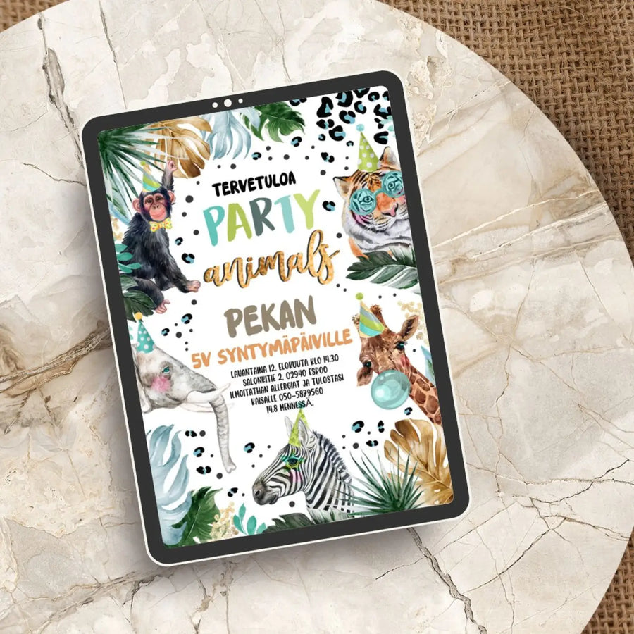 Digitaalinen lasten syntymäpäiväkutsu - safari Decopaja moderni ja ekologinen