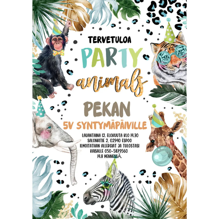 Digitaalinen lasten syntymäpäiväkutsu - safari Decopaja moderni ja ekologinen