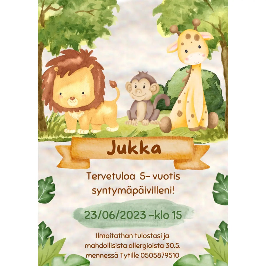 Digitaalinen lasten syntymäpäiväkutsu - viidakko Decopaja viidakon eläimiä