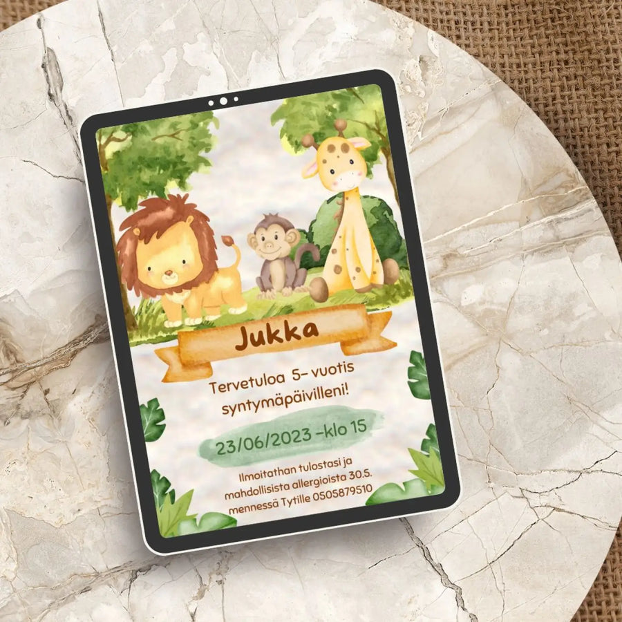 Digitaalinen lasten syntymäpäiväkutsu - viidakko Decopaja viidakon eläimiä