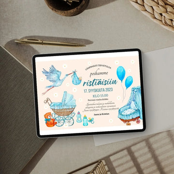 Digitaalinen Ristiäiskutsu & Nimiäiskutsu - haikara sininen Decopaja