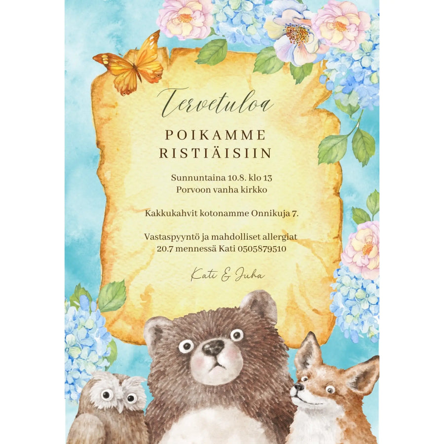 Digitaalinen Ristiäiskutsu & Nimiäiskutsu - karhu pöllö ja kettu Decopaja