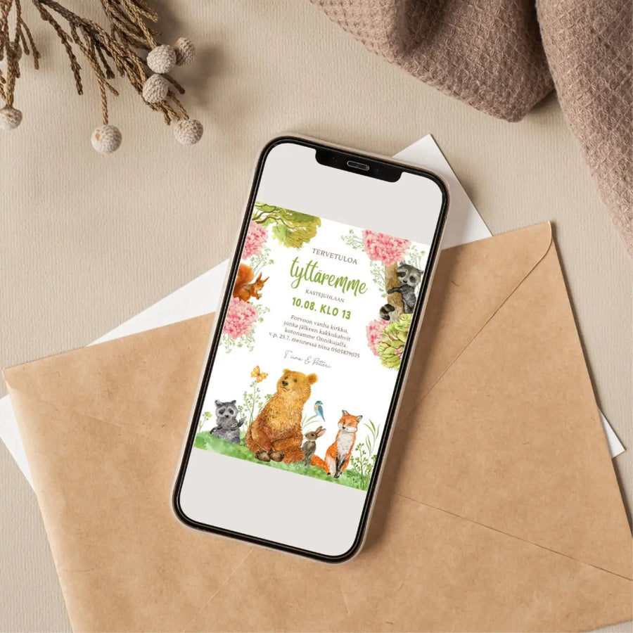 Digitaalinen Ristiäiskutsu tai Nimiäiskutsu karhu ja kettu Decopaja