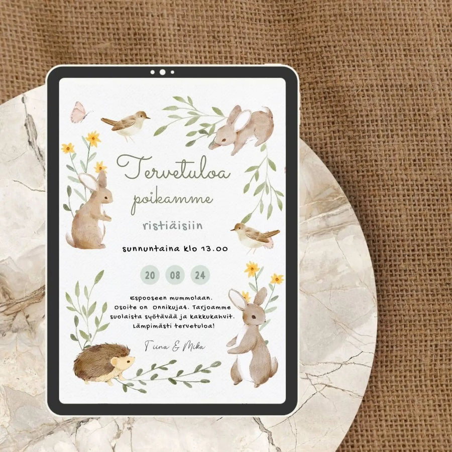 Digitaalinen Ristiäiskutsu & Nimiäiskutsu - pupuja siili ja lintu Decopaja