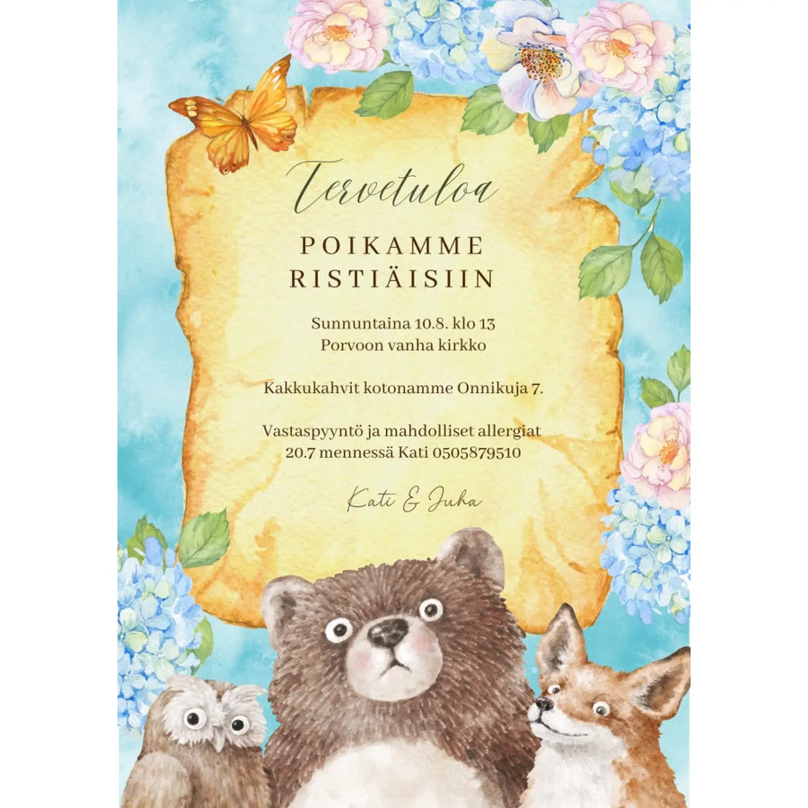 Digitaalinen Ristiäiskutsu tai Nimiäiskutsu karhu pöllö ja kettu Decopaja eläinaiheilla