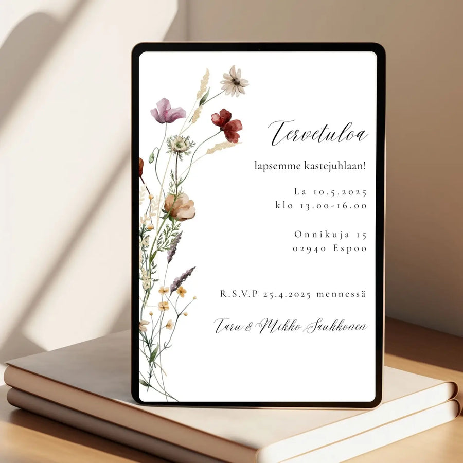Digitaalinen Ristiäiskutsu kauniita niittykukkia Decopaja