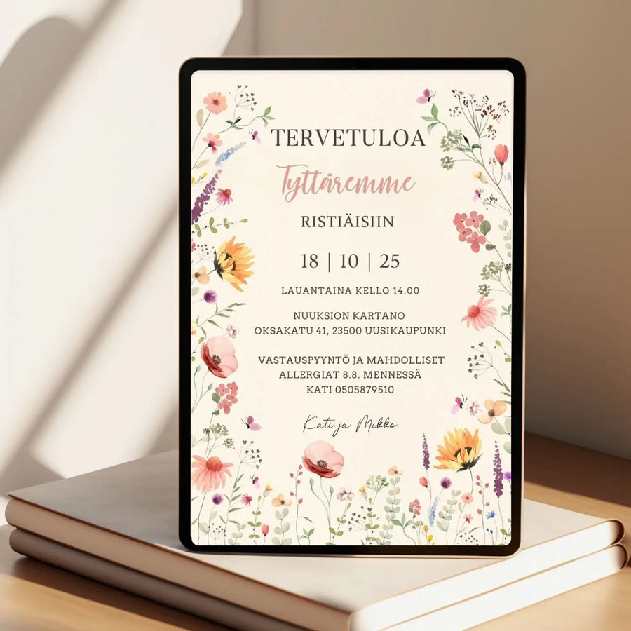 Digitaalinen ristiäiskutsu beige tausta Decopaja