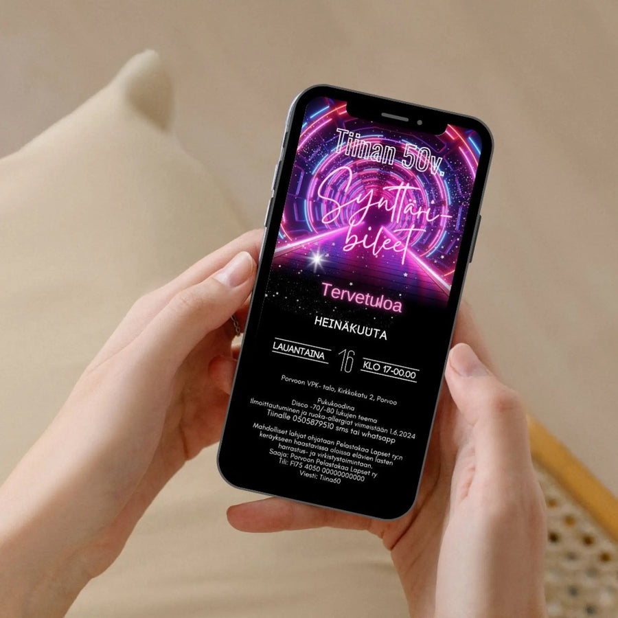 Digitaalinen Syntymäpäiväkutsu - discoteema musta tausta Decopaja