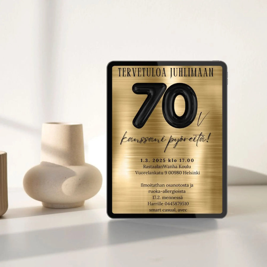 Digitaalinen Syntymäpäiväkutsu - ilmapallofontti kultainen tausta Decopaja
