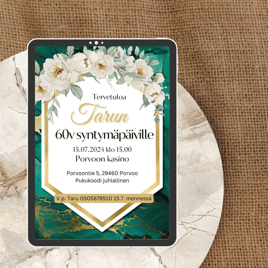 Digitaalinen Syntymäpäiväkutsu - kukkia ja vihreä tausta Decopaja