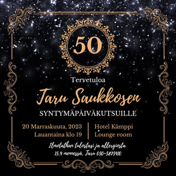 Digitaalinen Syntymäpäiväkutsu - musta tausta ja kultaa Decopaja syntymäpäiväkutsu kulta jpg-tiedosto