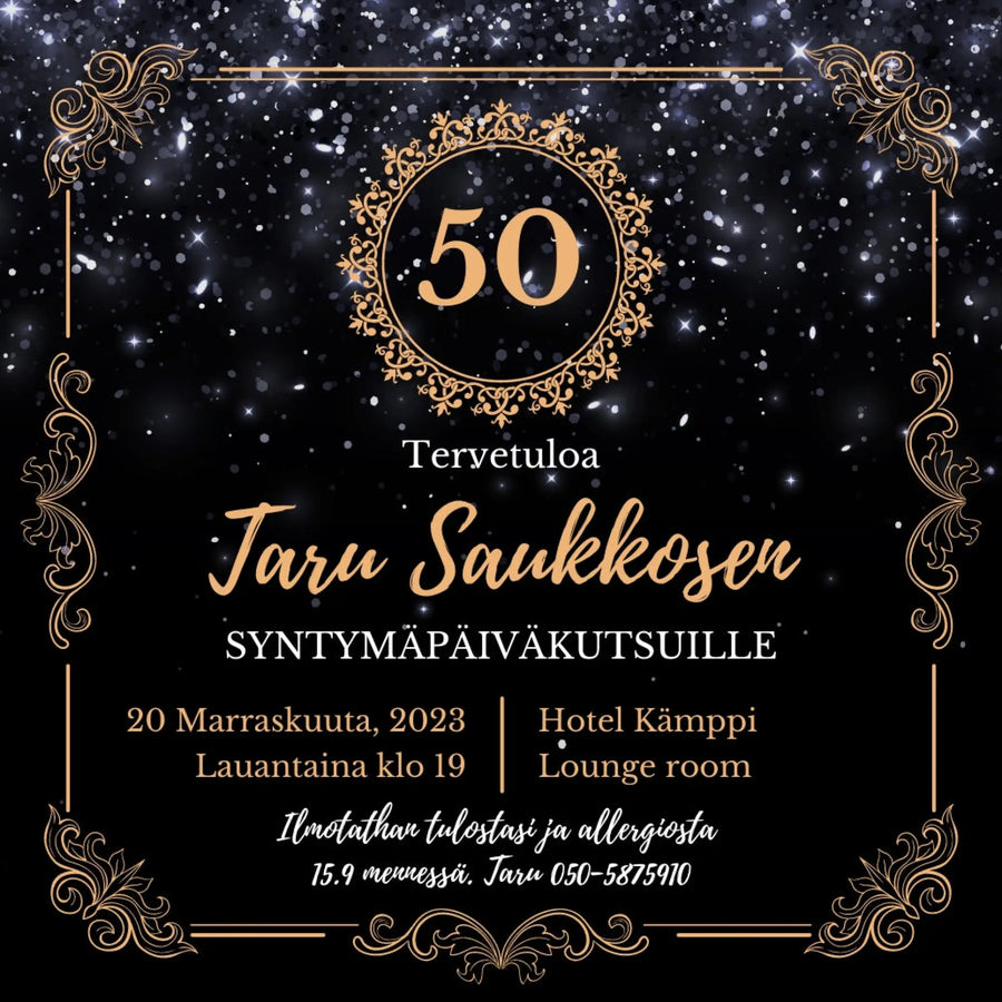Digitaalinen Syntymäpäiväkutsu - musta tausta ja kultaa Decopaja