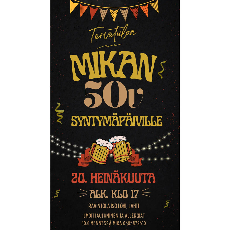 Digitaalinen Syntymäpäiväkutsu musta tausta viirit Decopaja