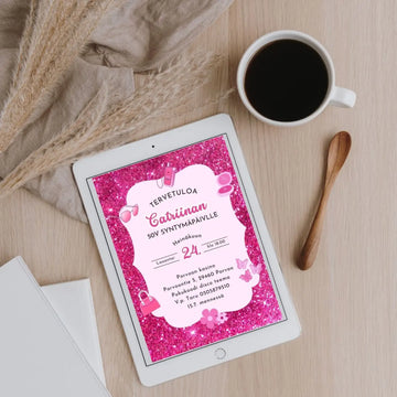 Digitaalinen syntymäpäiväkutsu - pinkki glitter Decopaja