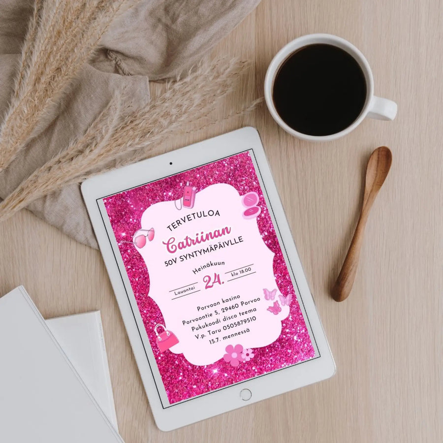 Digitaalinen syntymäpäiväkutsu - pinkki glitter Decopaja