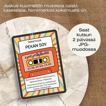 Digitaalinen Syntymäpäiväkutsu - retro kasetti Decopaja syntymäpäiväkutsu ekologinen