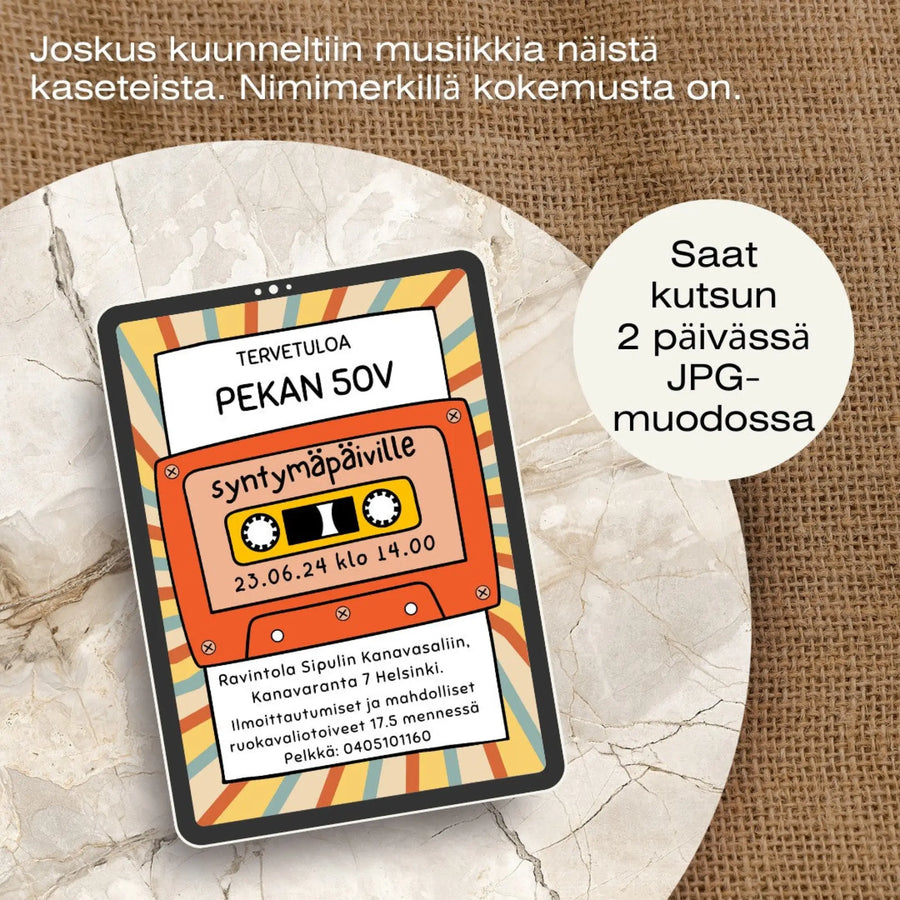 Digitaalinen Syntymäpäiväkutsu - retro kasetti Decopaja