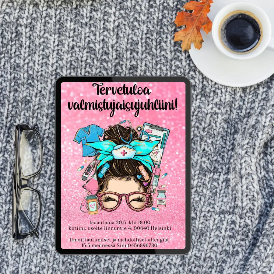 Digitaalinen Valmistujaiskutsu hoitaja Decopaja valmistujaiskutsu moderni ja ekologinen