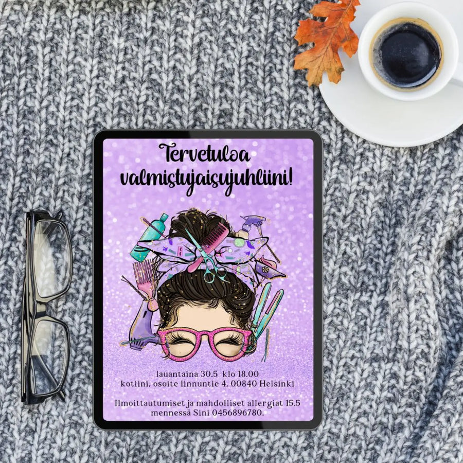 Digitaalinen Valmistujaiskutsu parturi-kampaaja Decopaja valmistujaiskutsu