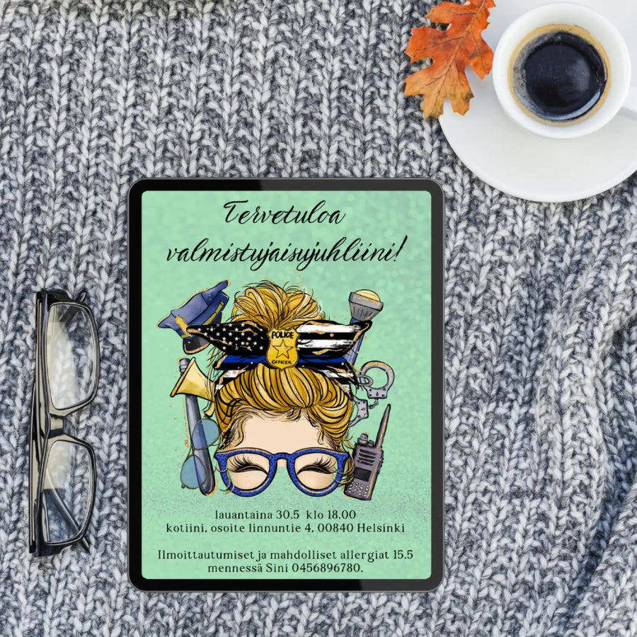 Digitaalinen Valmistujaiskutsu poliisi Decopaja valmistujaiskutsu moderni ja ekologinen