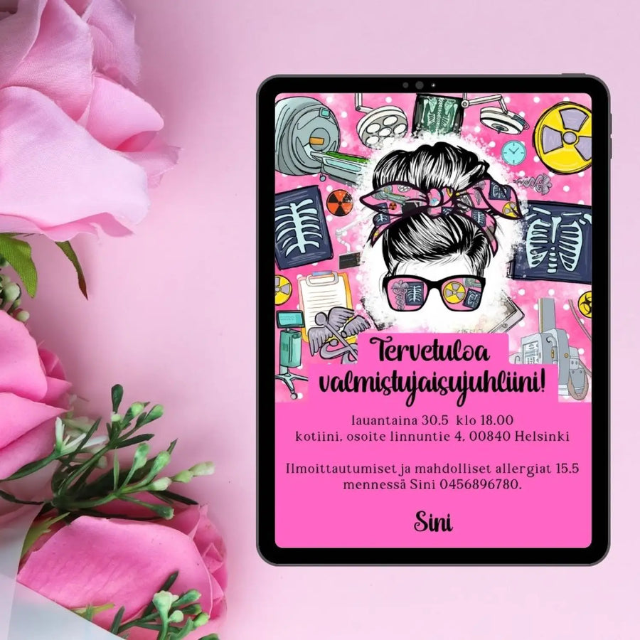 Digitaalinen Valmistujaiskutsu radiologi röntgenhoitaja Decopaja valmistujaiskutsu