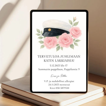 Digitaalinen ylioppilaskutsu vaaleanpunaisia ruusuja Decopaja