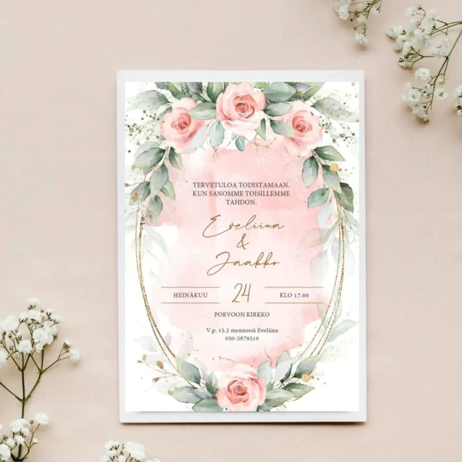 Hääkutsu romanttinen kukkakehys Decopaja