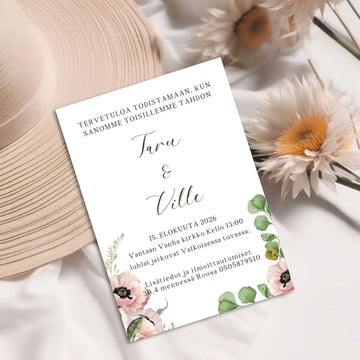 Hääkutsut isoja vaaleanpunaisia kukkia Decopaja beige tausta