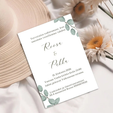 Hääkutsut minimalistinen eukalyptuslehdet Decopaja eukalyptus lehdet