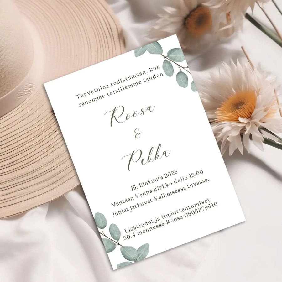 Hääkutsut minimalistinen eukalyptuslehdet Decopaja eukalyptus lehdet