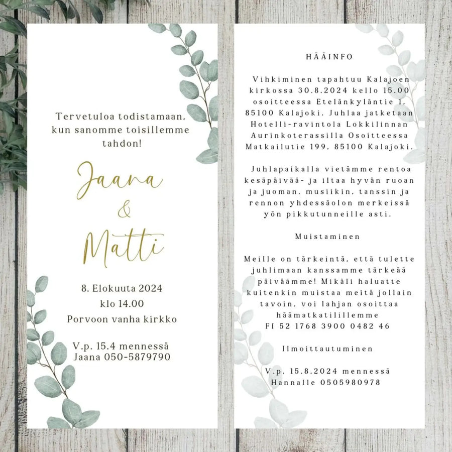 Hääkutsut pystymalli eukalyptuslehtiä ja kultaisia lehtiä Decopaja