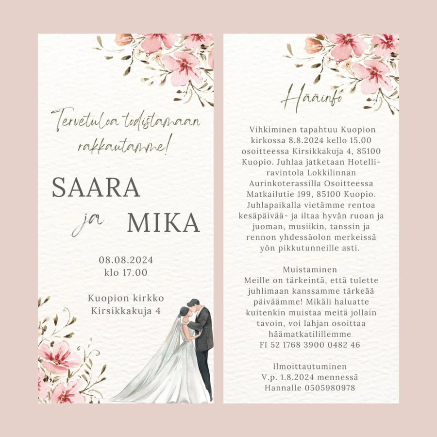 Hääkutsut vaaleanpunaisilla kukilla ja hääparin kuvalla Decopaja