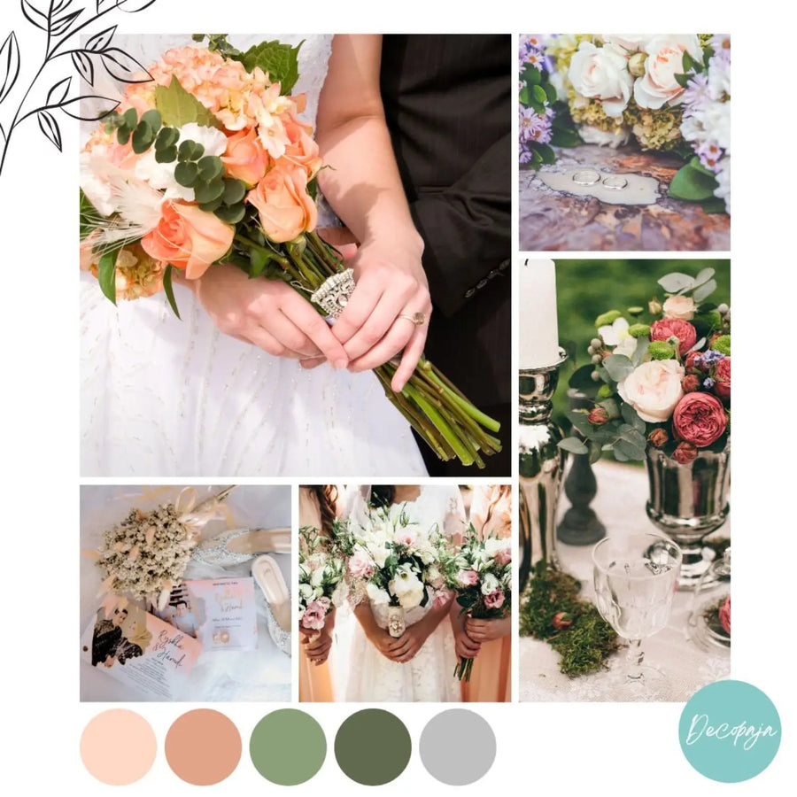 Hääkutsut vaaleanpunaisilla kukilla ja hääparin kuvalla Decopaja