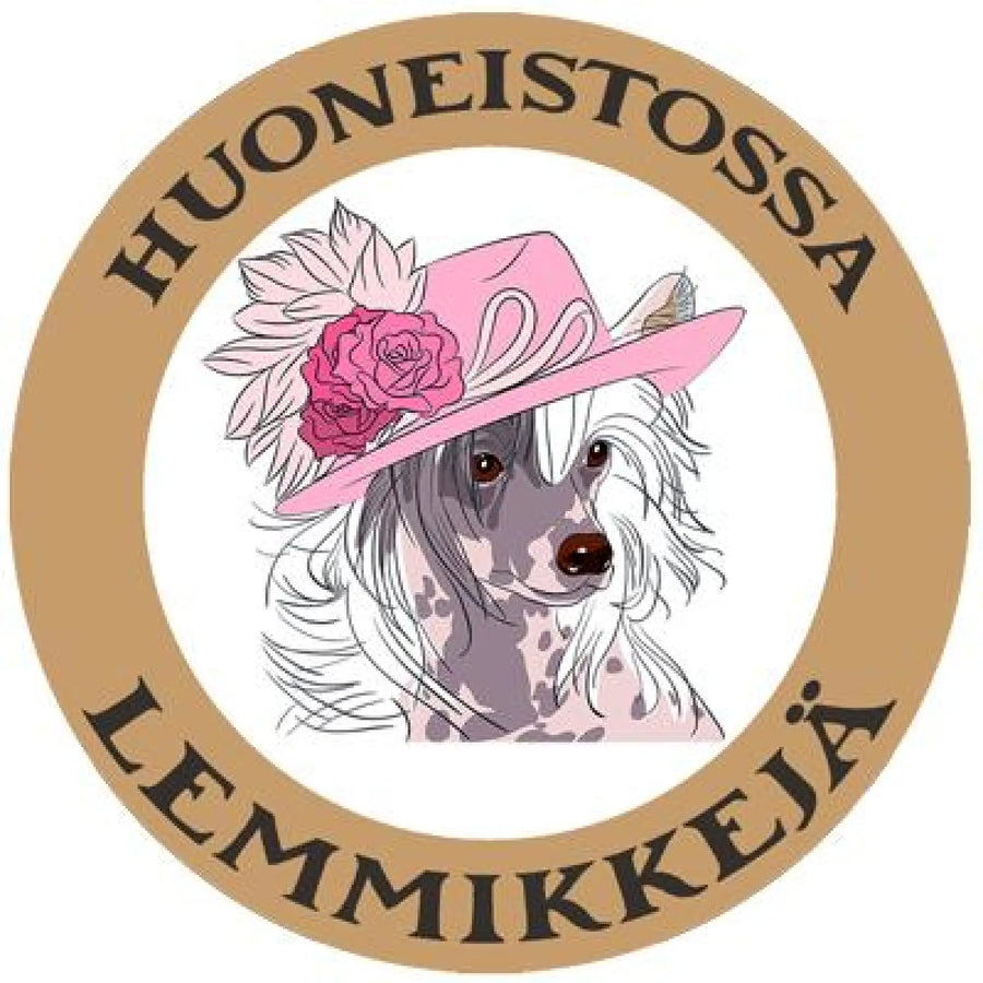 HUONEISTOSSA LEMMIKKEJÄ tarra - KIINANHARJAKOIRA ja hattu Decopaja