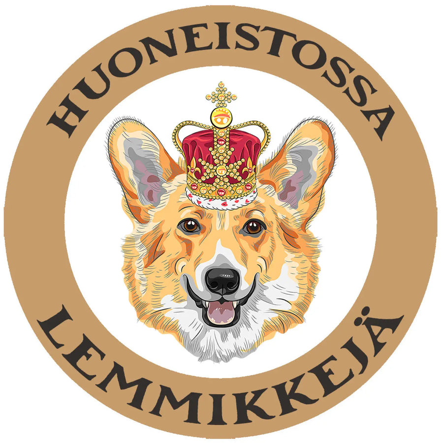 Huoneistossa lemmikkejä tarra - welsh corgi ja kruunu Decopaja