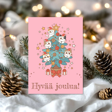 Hyvää joulua joulukortti kissa Decopaja Joulukortti kotimainen pinkki - kissoja ja joulukuusi