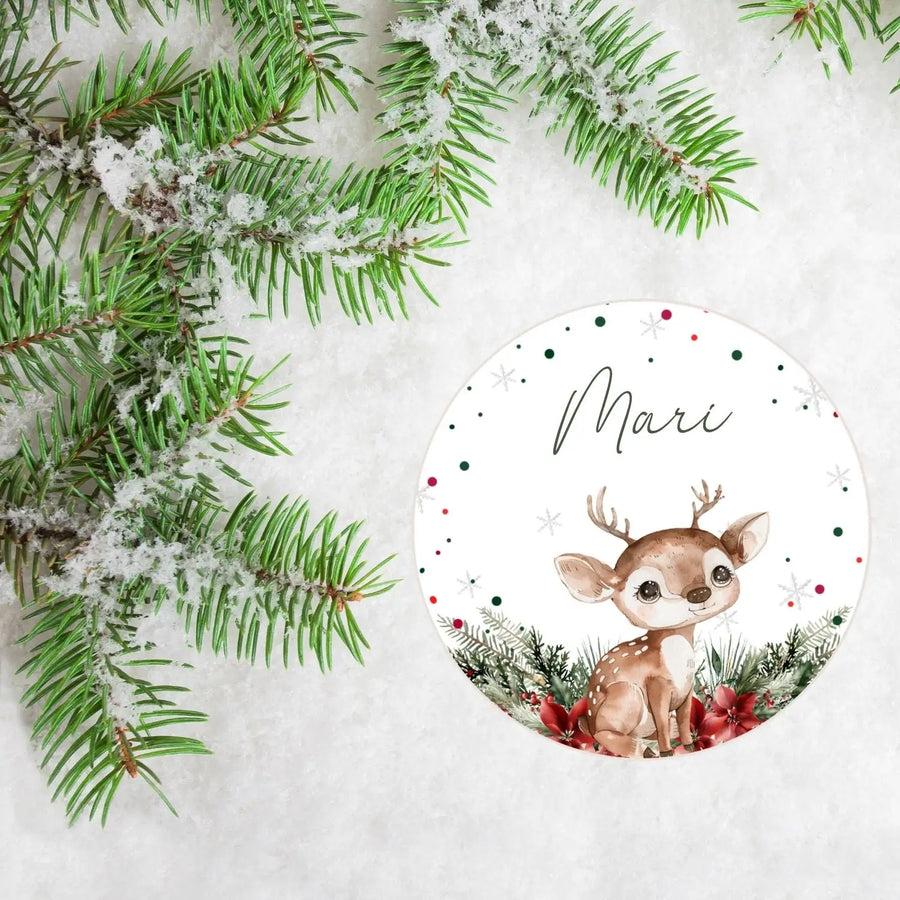 Joulukoriste tarra omalla nimellä kauris Decopaja pupu punainen Decopaja.fi