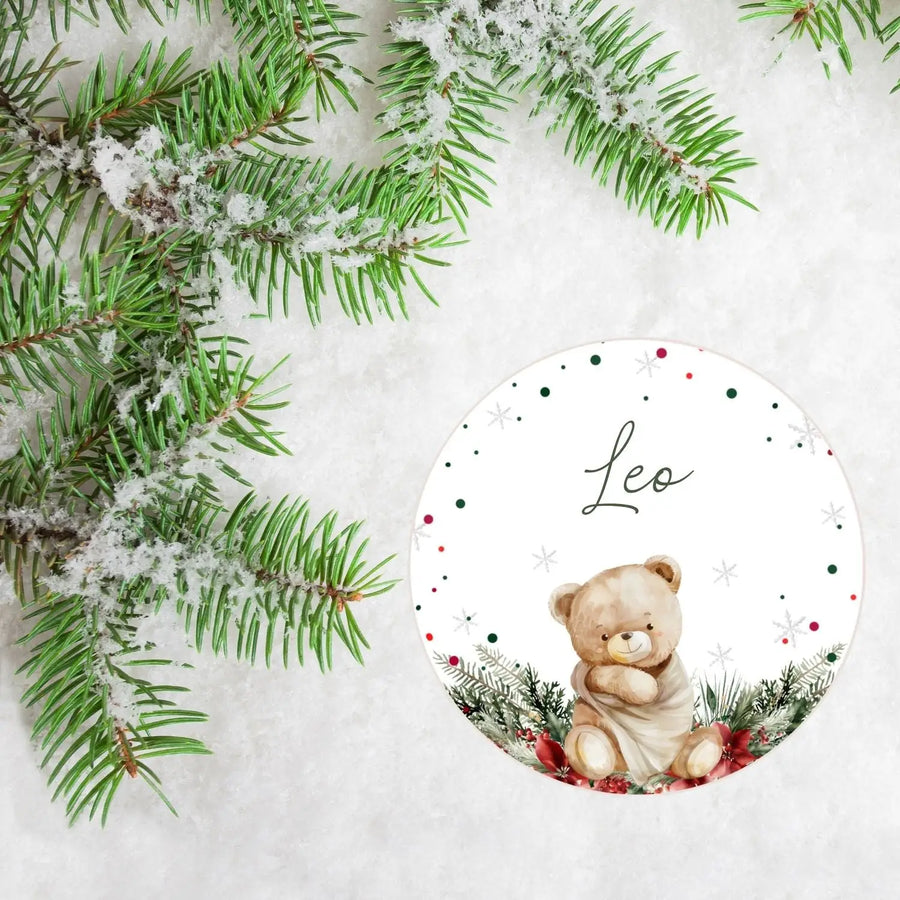 Joulukoriste tarra omalla nimellä nalle Decopaja pupu punainen Decopaja.fi