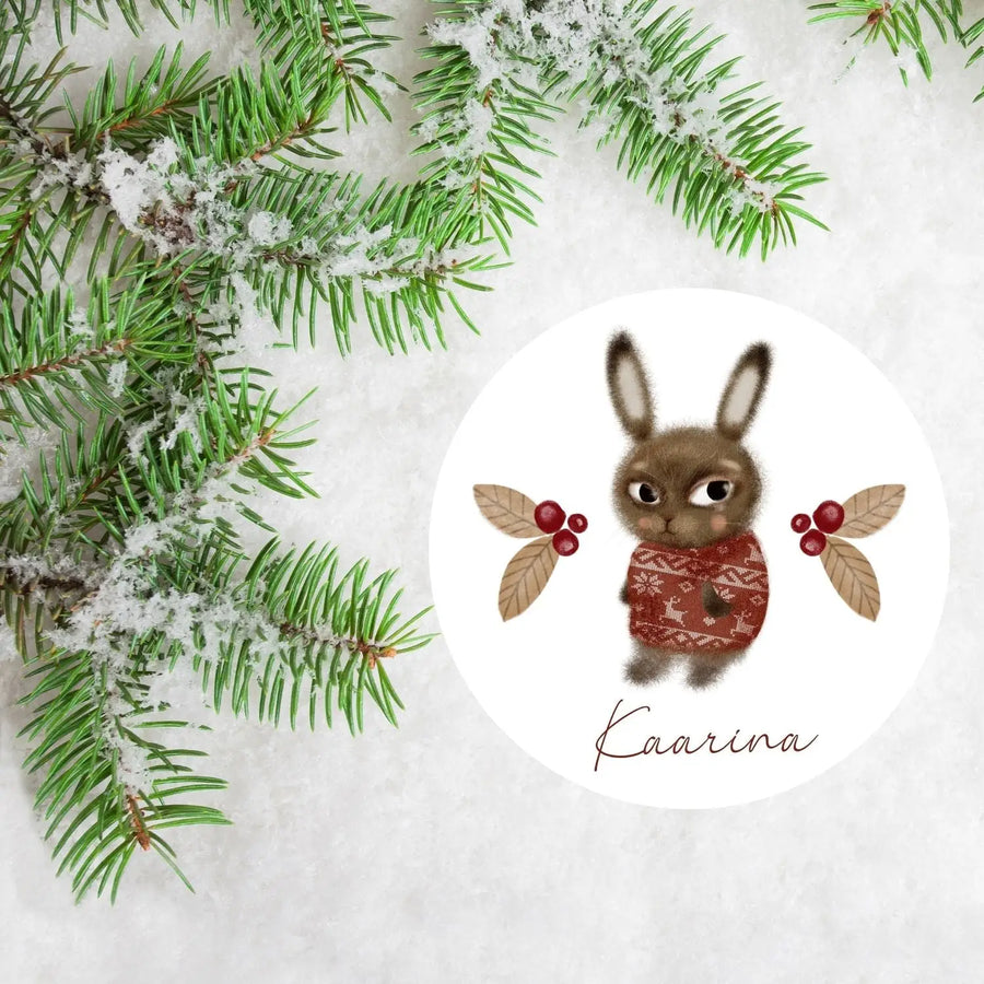 Joulukoriste tarra omalla nimellä pupu punainen Decopaja Decopaja.fi