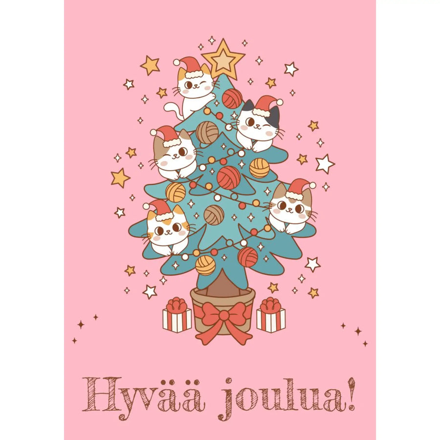Joulukortti pinkki - kissoja ja joulukuusi Decopaja - Decopaja.fi