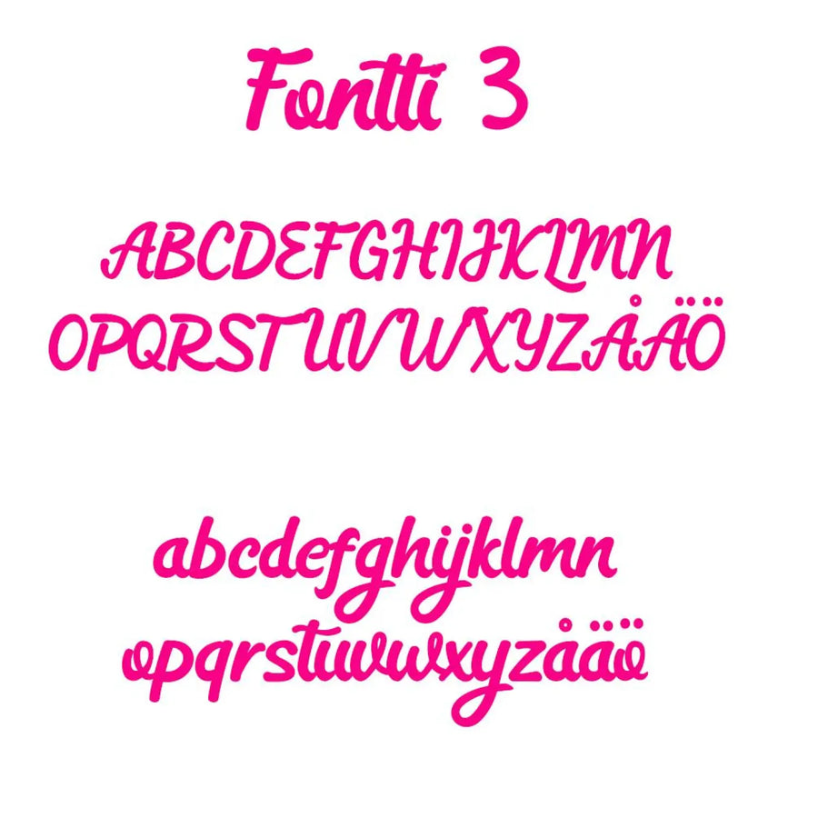 Kakkukoriste omalla nimellä 3 riviä fontti Decopaja Nimikyltti kakkuun