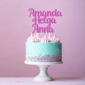 Kakkukoriste omalla nimellä 3 rivinen fontti 10 Decopaja ristiäisiin ja syntymäpäiville glitterkartonkisella