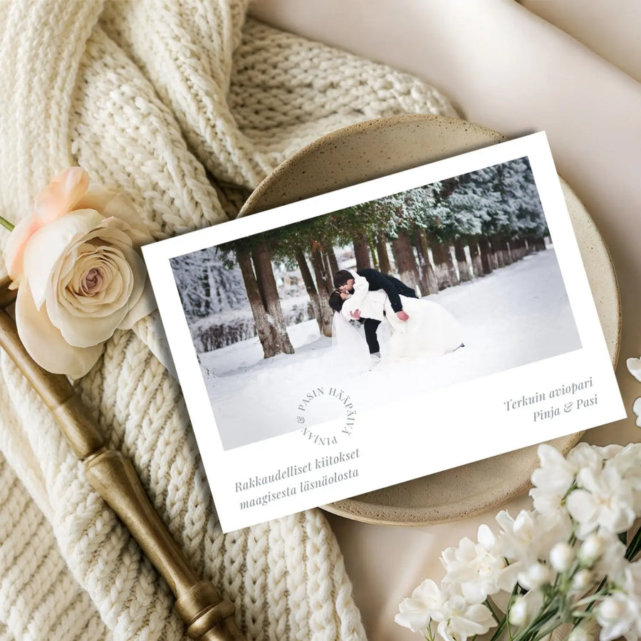Kiitoskortit häät valokuvasta vaakamalli Decopaja häiden kiitoskortit