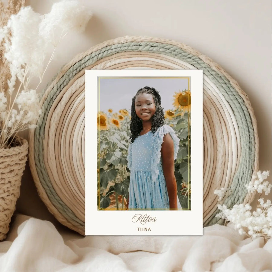 Kiitoskortit omalla kuvalla ylioppilas- ja rippijuhlaan kultakehys Decopaja