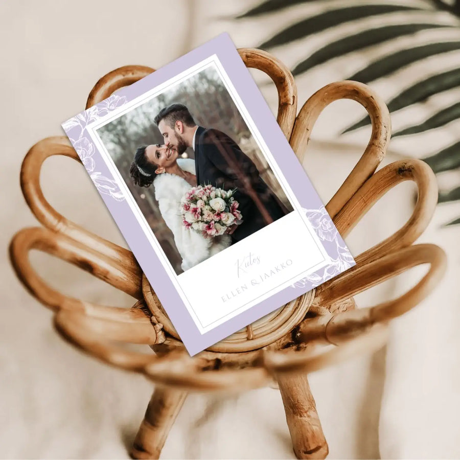 Kiitoskortit valokuvasta liila ja valkoiset kukat Decopaja