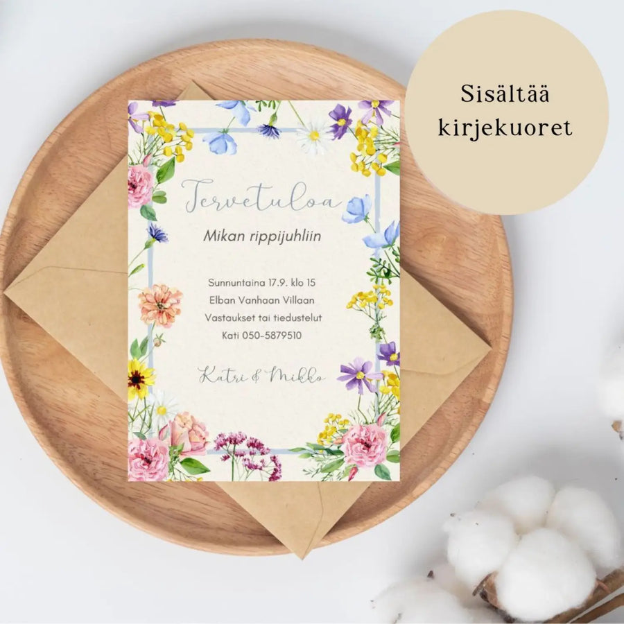 KUTSUKORTTI rippijuhliin - beige tausta vesiväri kukkia Decopaja