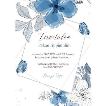 KUTSUKORTTI rippijuhliin - DIGITAALISESTI LADATTAVA sininen kukkia ja perhosia