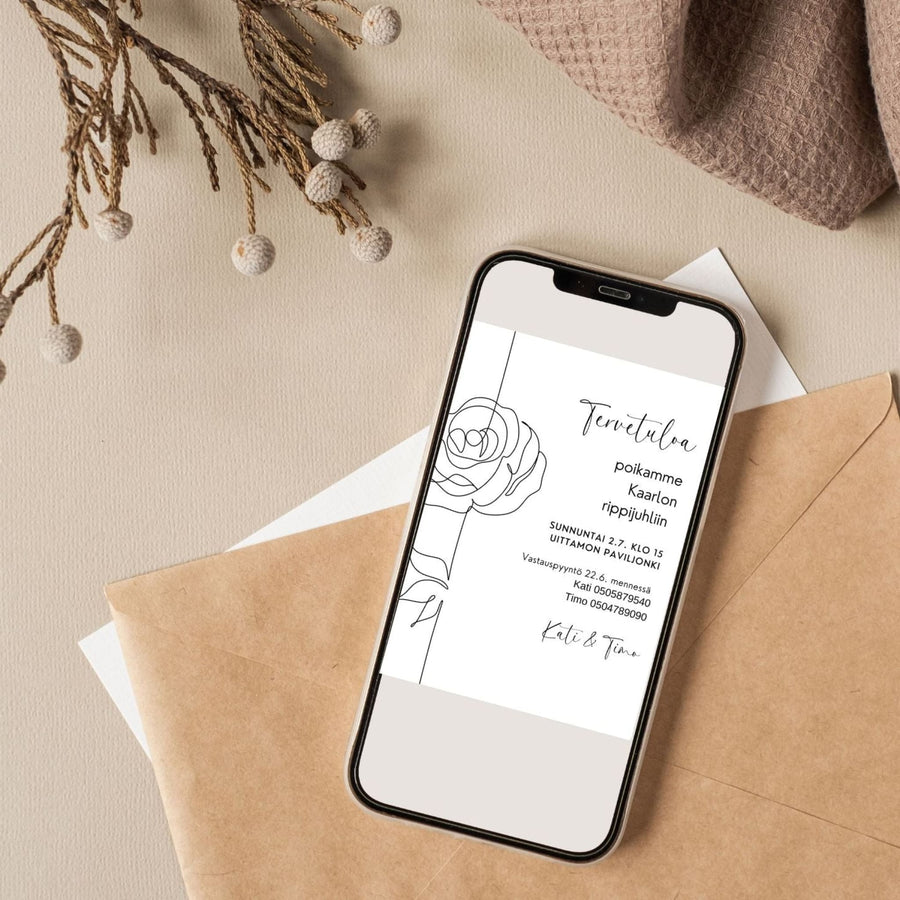 KUTSUKORTTI rippijuhliin - DIGITAALISESTI LADATTAVA valkoinen tausta musta