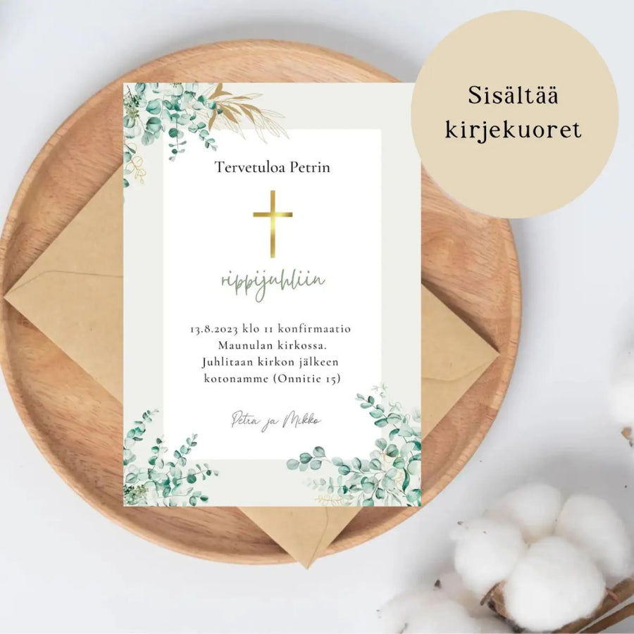 Kutsukortti rippijuhliin eukalyptus ja kultainen risti Decopaja