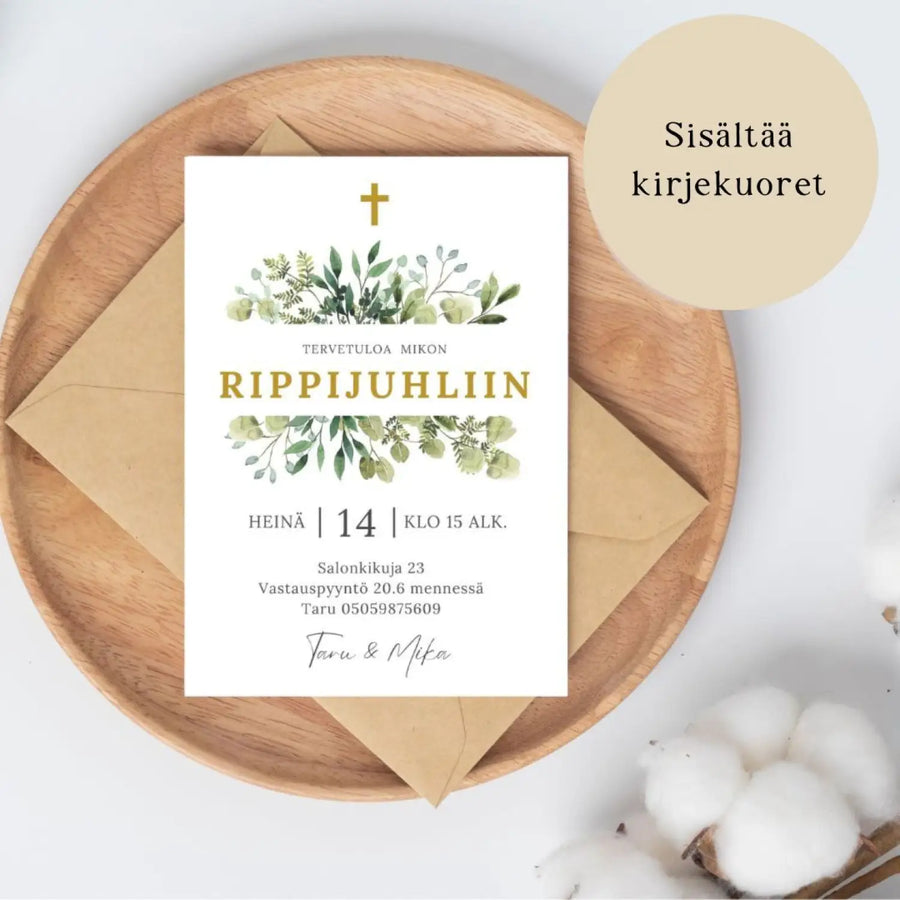 KUTSUKORTTI rippijuhliin - eukalyptus kehys ja kultainen risti Decopaja